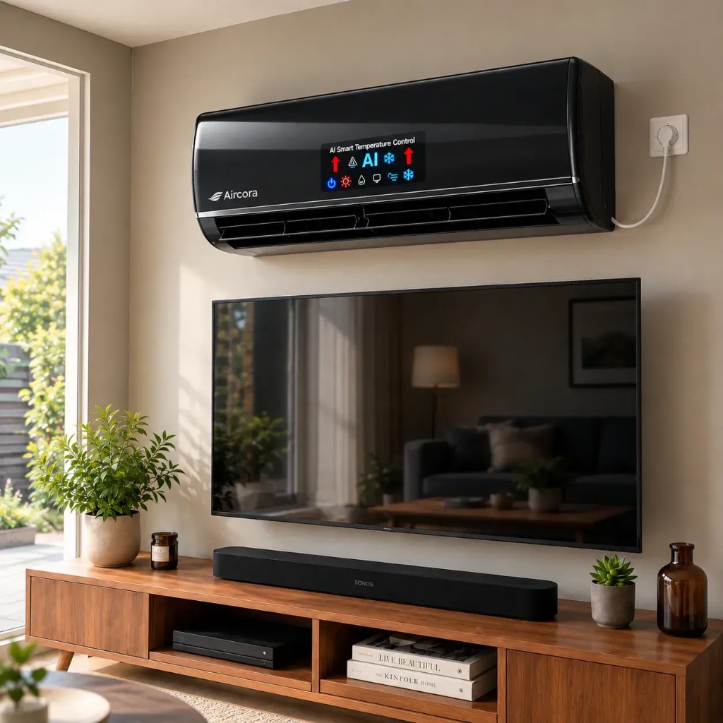 Aircora montato a parete sopra la TV in un luminoso soggiorno moderno
