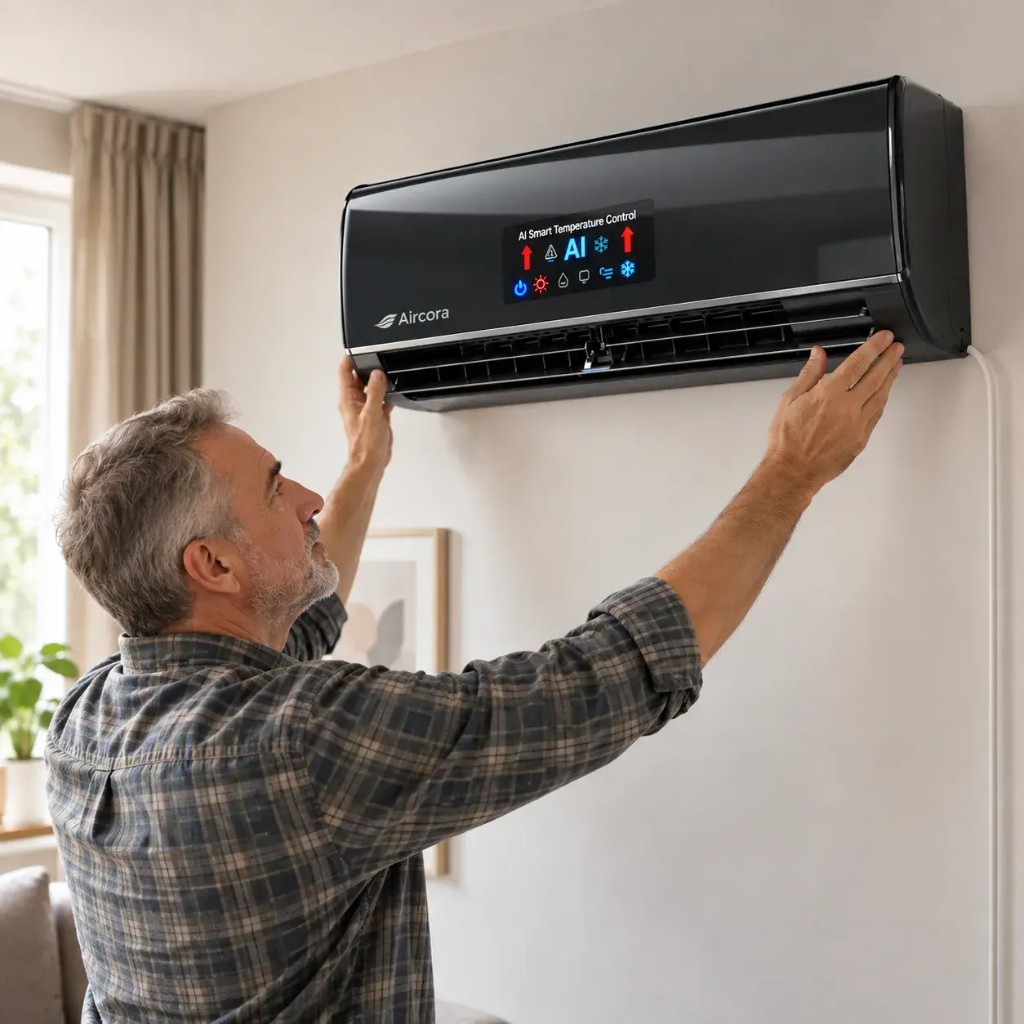 Uomo che regola l'unità Aircora a parete con display controllo temperatura AI