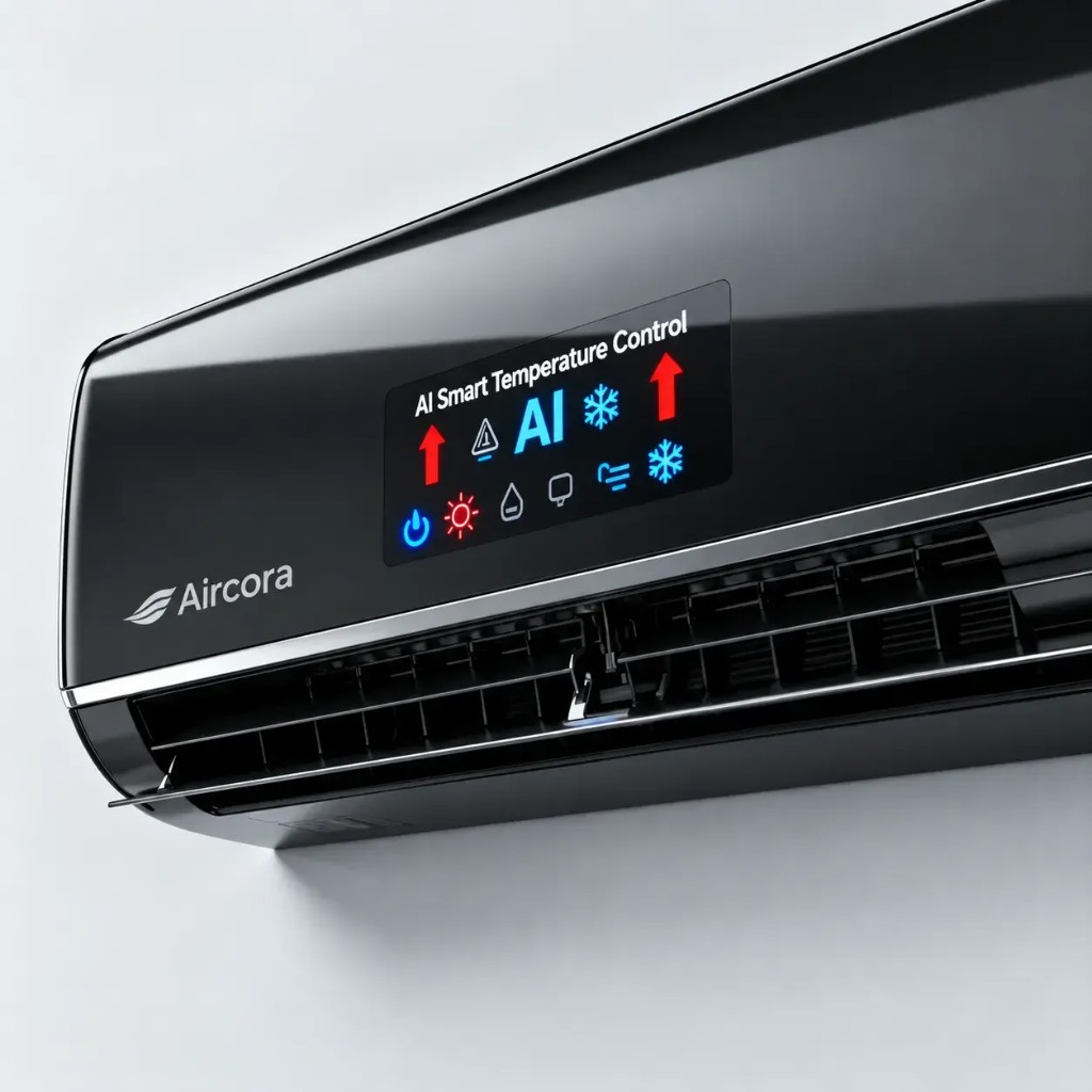 Unità Aircora a parete con display controllo temperatura AI e icone modalità