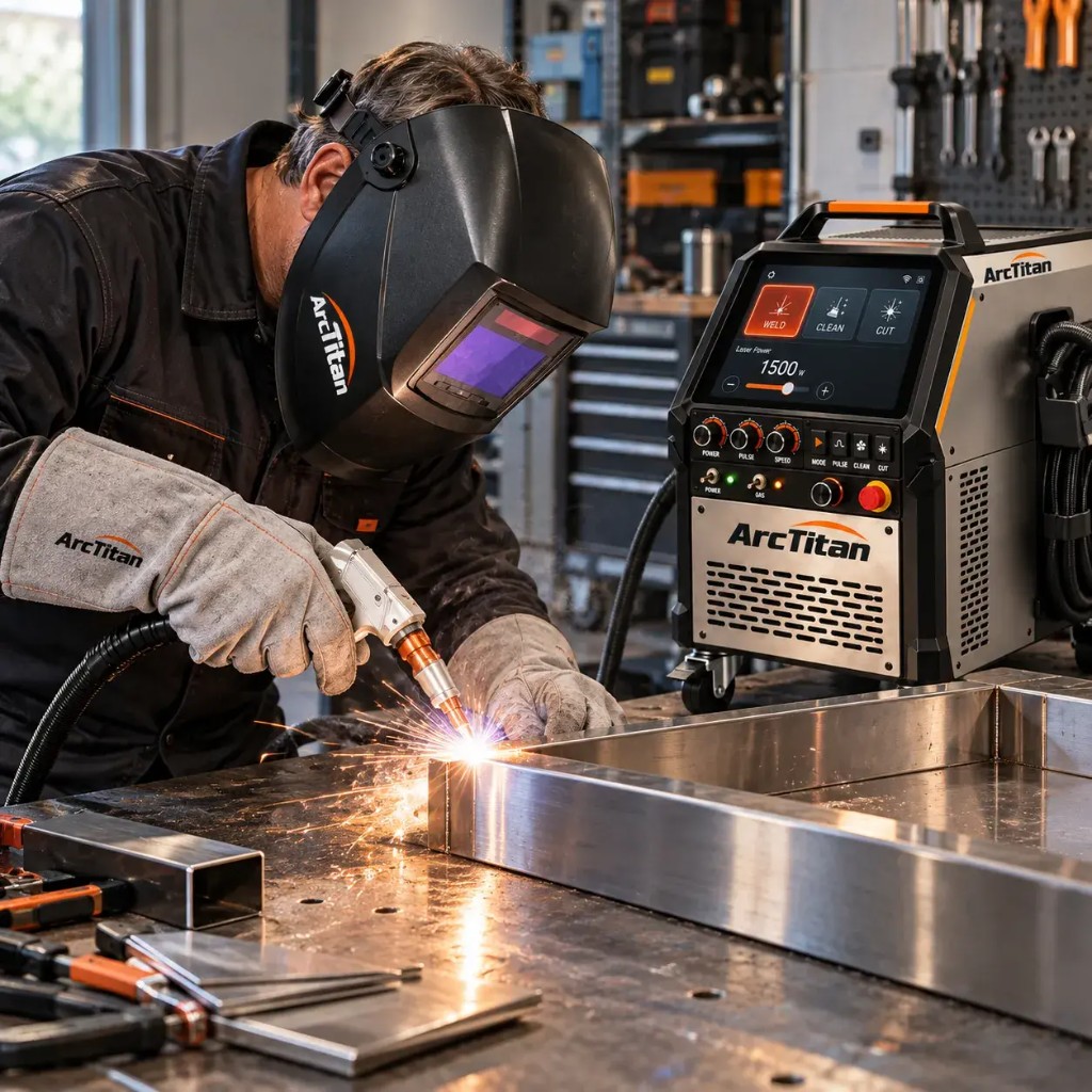 Bedienperson schweißt Stahl mit ArcTitan-Laserbrenner in der Werkstatt