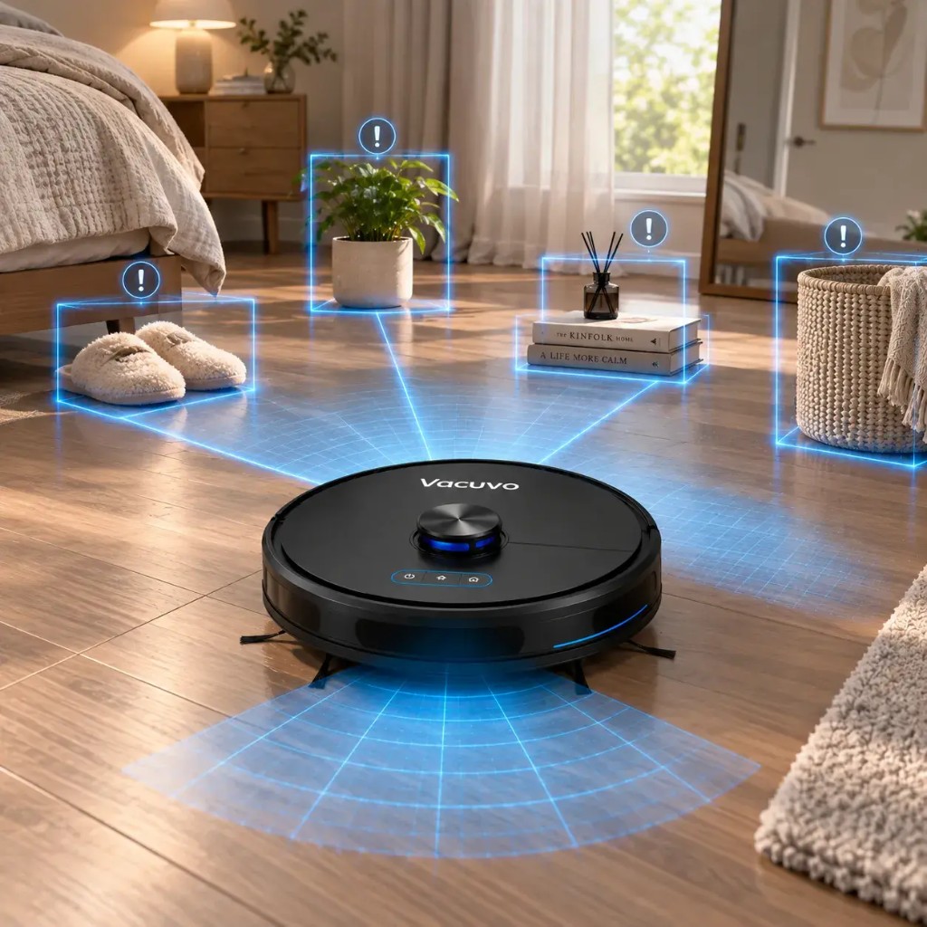 Vacuvo LiDAR 360° navigation detecting obstacles in a bedroom
