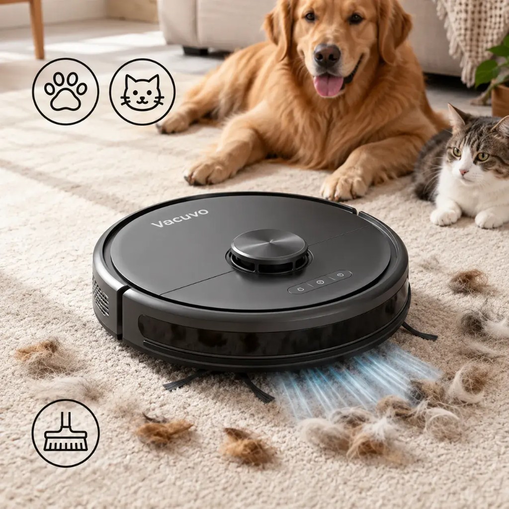 Vacuvo robot vacuum cleaning pet hair and kibble from rug and hardwood floor