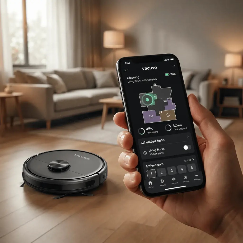 Woman controlling Vacuvo robot vacuum from smartphone app with home floor map