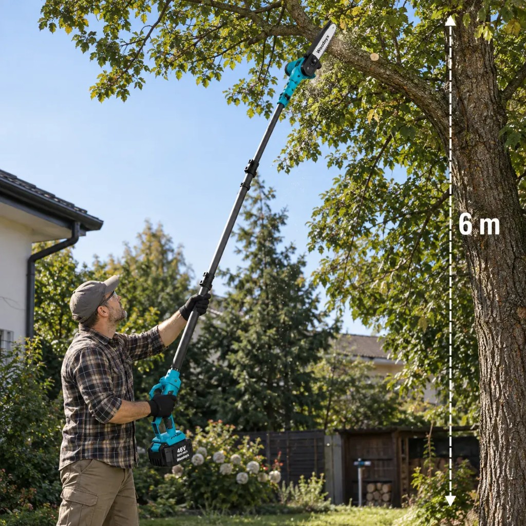 Uomo che pota rami alti con motosega telescopica Woodsyx da 6 m