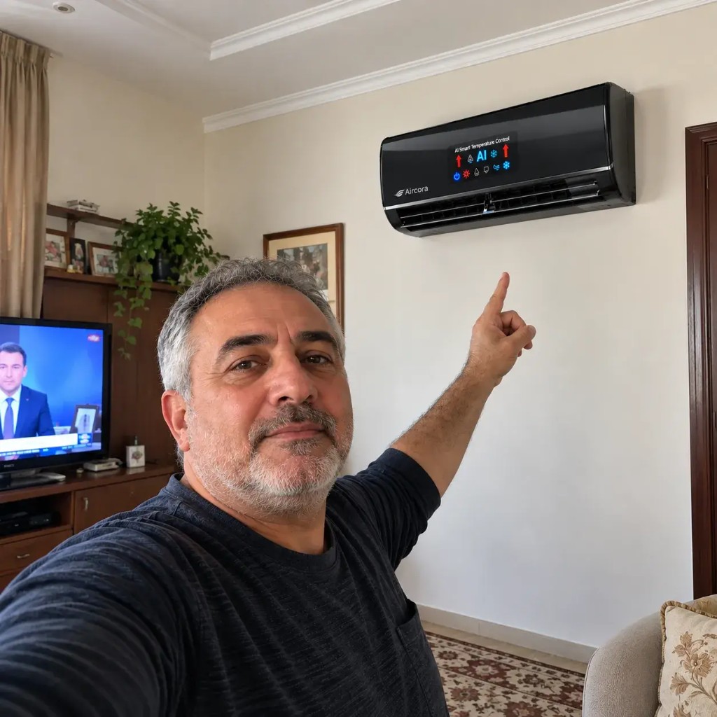 Cliente in selfie che indica l'unità Aircora a parete in soggiorno