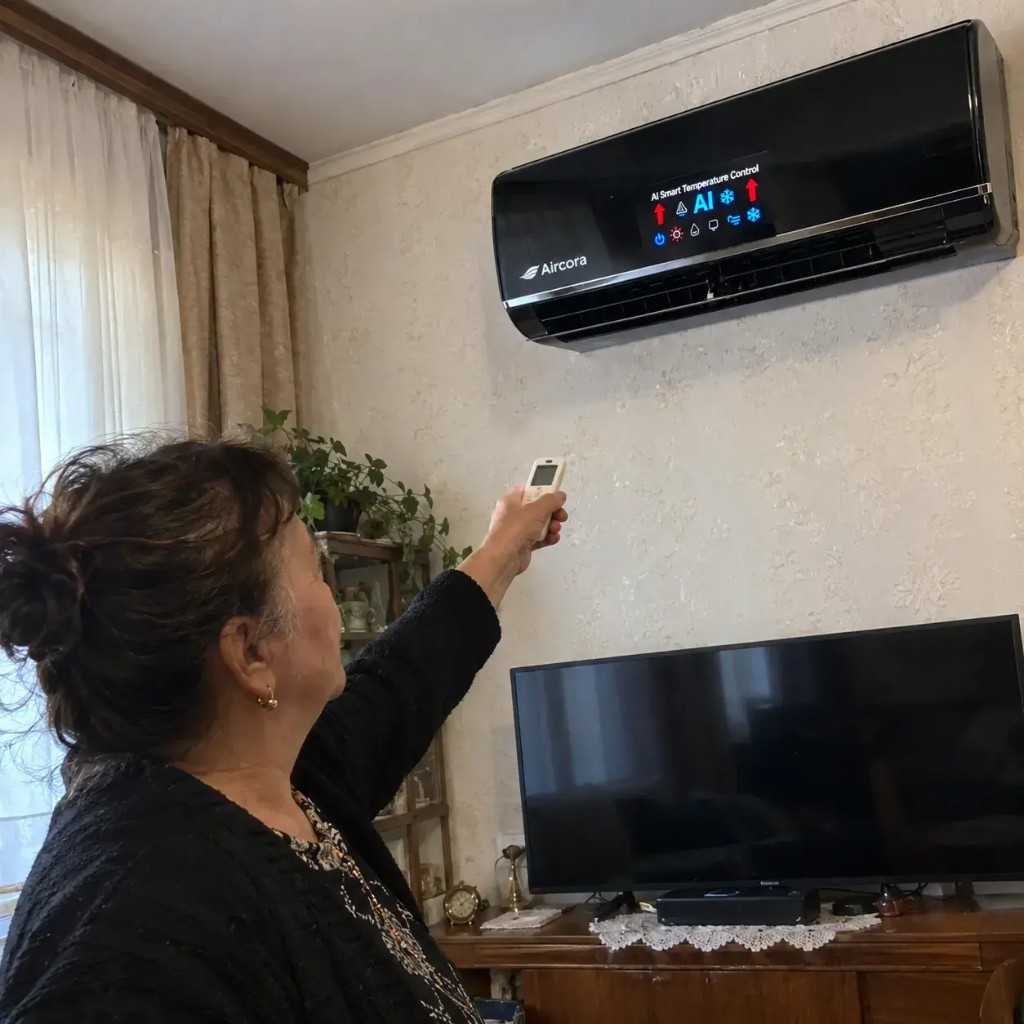 Donna che usa il telecomando per regolare Aircora a parete a casa
