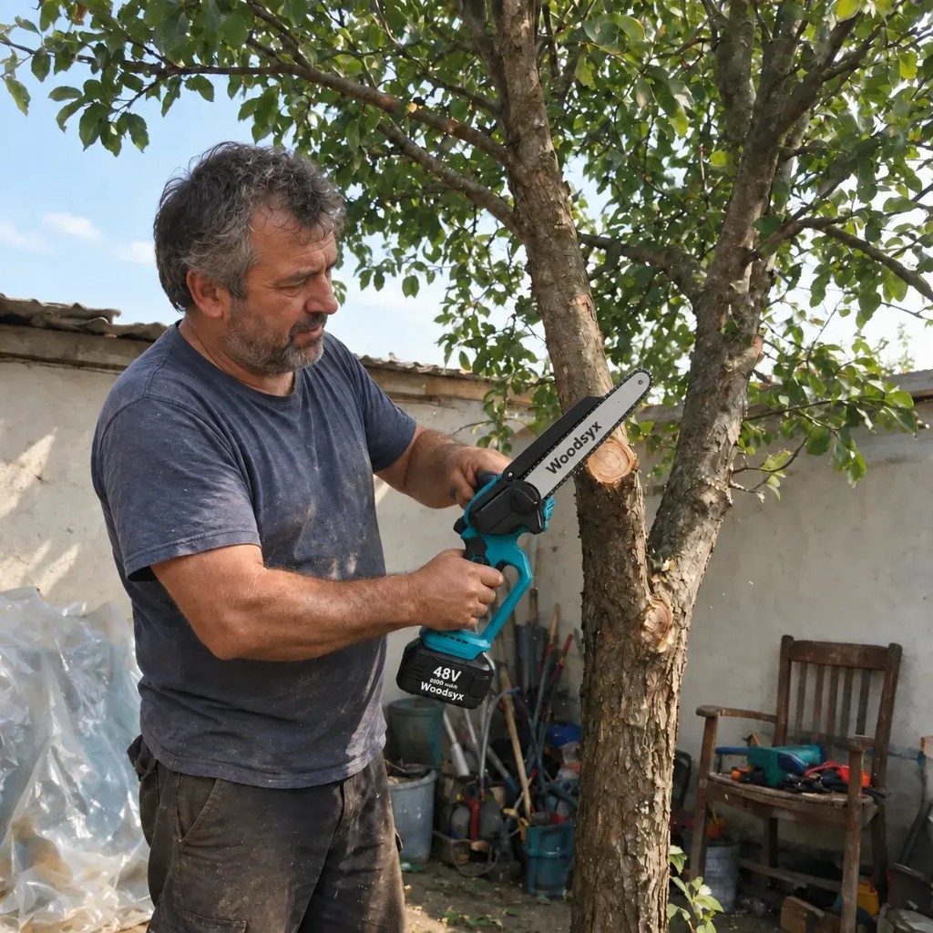 Woodsyx motosega usata per potare un albero in giardino