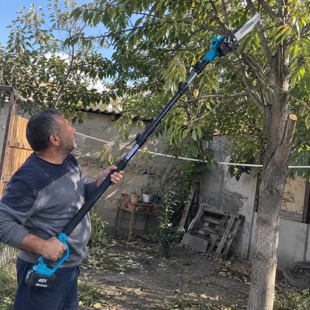 Cliente che usa Woodsyx per potare un albero in giardino